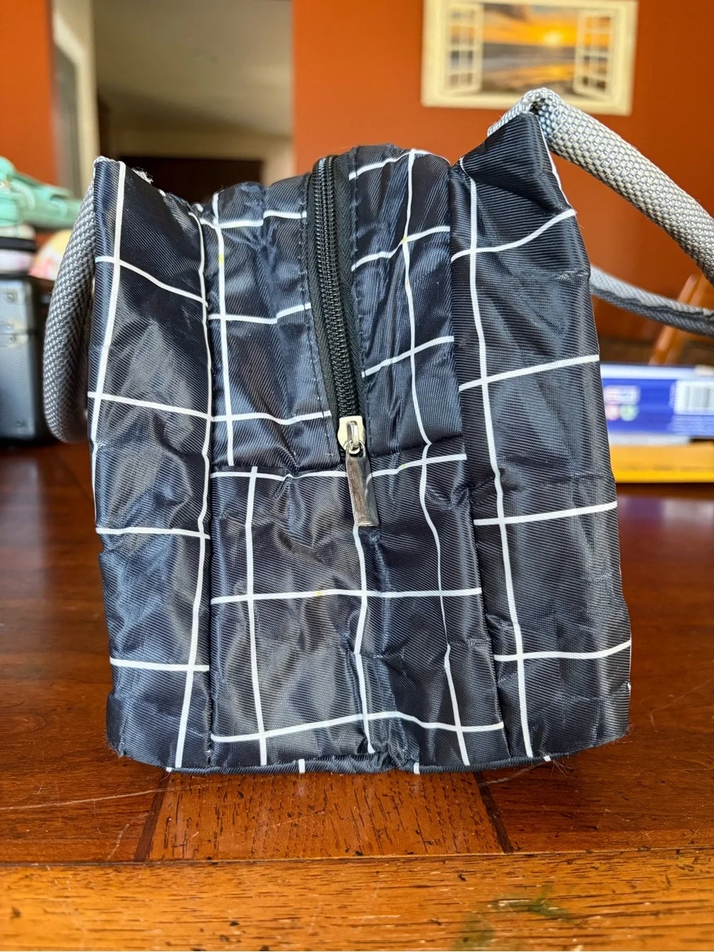 Black & White Grid Insulated Lunch Bag Tote Minimalist Windowpane Check